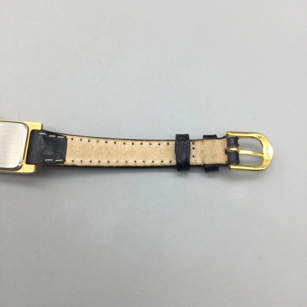 Anne Klein Tank Womens Watch 16mm White Dial Gold Tone Black Leather New Battery
